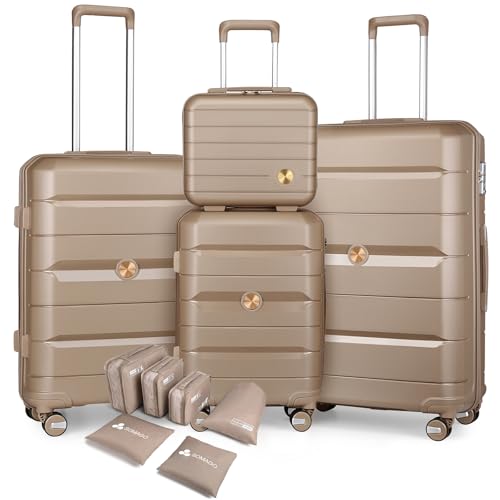 Somago Luggage Sets and Packing Cube Travel Set Lightweight Hardside Polypropylene Suitcases with Double Spinner Wheels and TSA Lock,Noble Golden