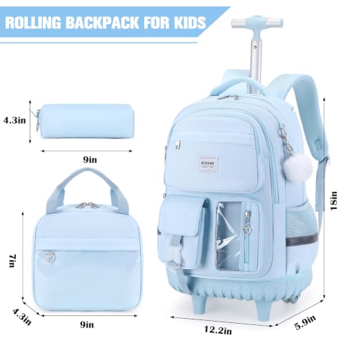 ACESAK Rolling Backpack for Girls, Roller Backpack with Lunch Bag & Pencil Pouch for Teen Girls Kids, Bookbag Backpack with Wheels for Women Elementary Middle High School Travel (Blue)