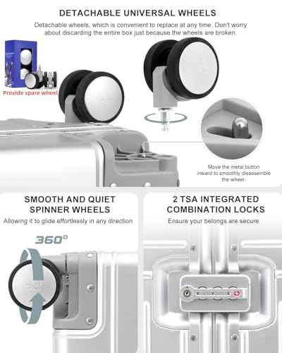 KANGSHILU All Aluminum 20'' Luggage with Removable Spinner Wheels,Provide Spare Wheels.Carry on Luggage 22 x 14 x 9 Airline Approved Lightweight Metal Hard Shell Zipperless Suitcase