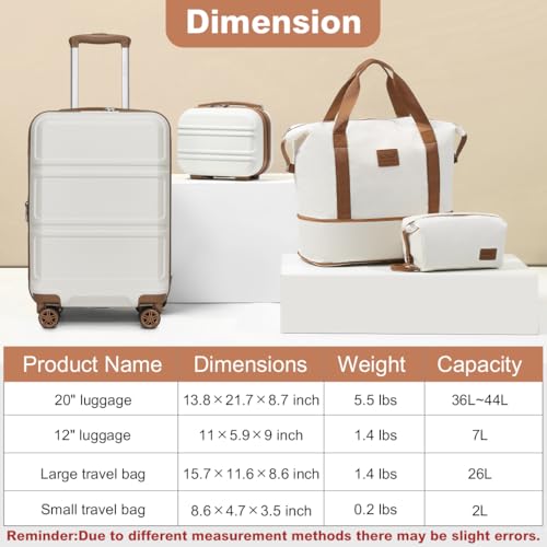 Kono Luggage Set 4 Piece Carry On Hardside Luggage with TSA Lock Spinner Wheels Lightweight PC+ABS Carry On Suitcase Cream White