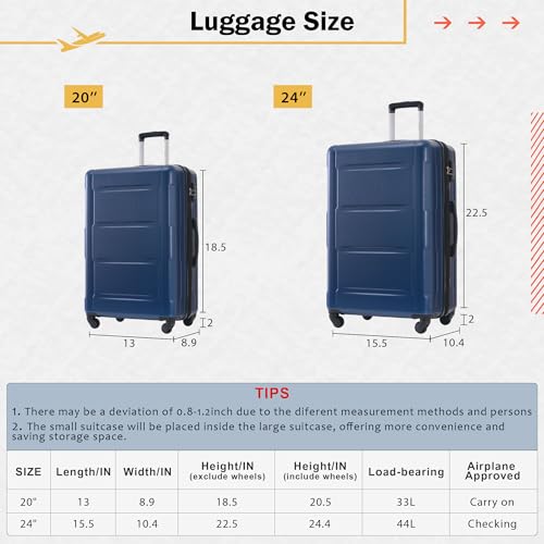Merax Luggage Sets 4 Piece Suitcase Set, Expandable Hardside 20 IN & 24 IN Suitcase Set with Duffel Bag, Lightweight Travel Luggage with Spinner Wheels and TSA Lock(Dark Blue)