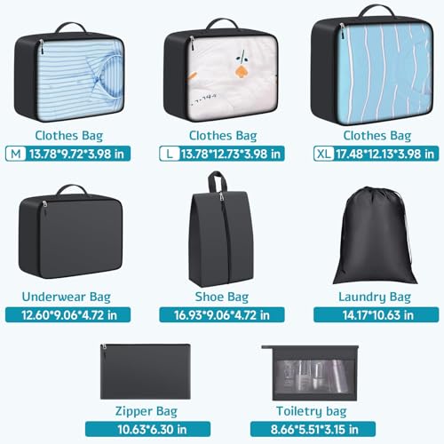 8 Set Packing Cubes for Travel Essentials, Packing Bags, Carrry-On Travel Accessories, Suitcase Organizers with Sturdy Zippers, Luggage Organizer for Airplane, Camping, Road Trip (Grey)