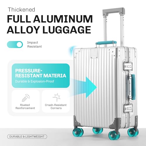 ASYSUIT 20Inch Carry on Luggage with Jelly Wheels, All Aluminum Zipperless Hard Shell Suitcases with Comfort Handle, Silver-Green TSA Approved Carry-on Luggage for Travel or Business Trip