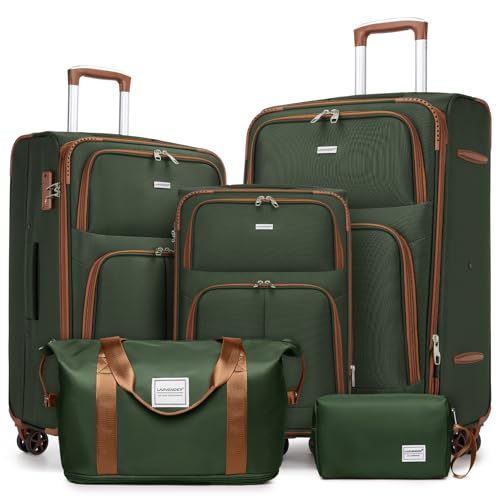 LARVENDER Luggage Sets 5 Piece Softside Expandable Suitcases Set with Spinner Wheels TSA Lock, Lightweight Soft Shell Rolling Travel Luggage Set Clearance for Men and Women, Green Brown