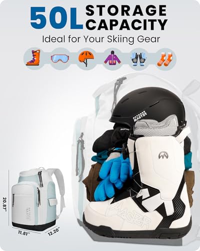 OutdoorMaster 50L Ski Boot Bag, Ski and Snowboard Boots Travel Backpack with separate compartments for Helmet, Ski Shoes, Goggles, Gloves, and Accessories, Splash proof Exterior & Bottom - White