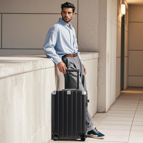 Krute Zipperless Luggage Set 2 Pieces Aluminum Frame Suitcase Sets Polycarbonate Hard Shell Luggage TSA Lock Checked Suitcase with Spinner Wheels Black