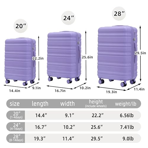 Hardside Luggage Sets, Lightweight Stripes Suitcase with Spinner Wheels, Lavender-181