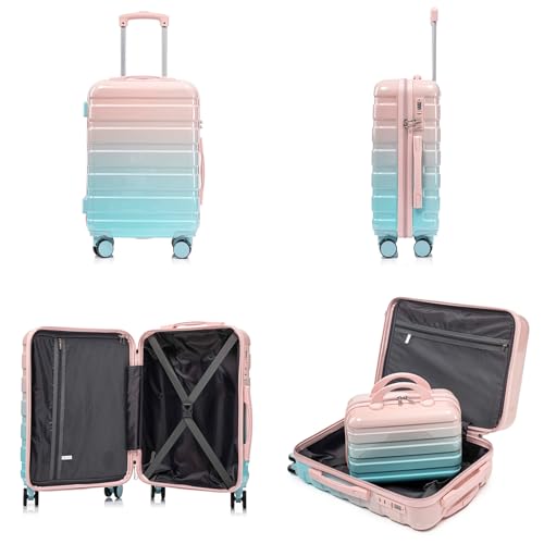 Clyrava 20 Inch Blue+Pink Carry on Kids Luggage Set of 2 with Spinner Wheels and 14" Cosmetic Case, Hardshell Small Suitcases with Combination Lock, Checked Luggage for Travel Men and Women