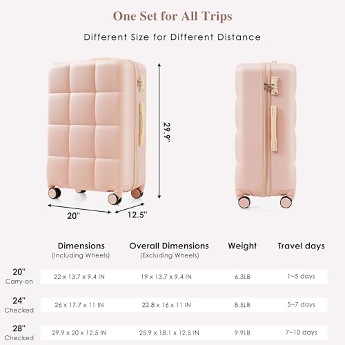 Merax 3 Piece Luggage Set with Cup Holder ABS Hardshell Lightweight Suitcase Sets Spinner Wheels Suitcase with TSA Lock, 20 Inch Airline Certified Carry-on Luggage, 20" 24" 28", Pink