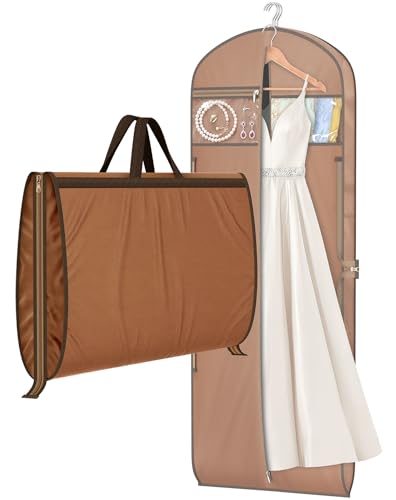MISSLO 65" Garment Bags for Travel for Women with Loackabe-Self Zipper Waterproof Dress Bags for Gowns Long with Accessories Pockets Wedding Dress Bag Garment Covers for Hanging Clothes, Brown