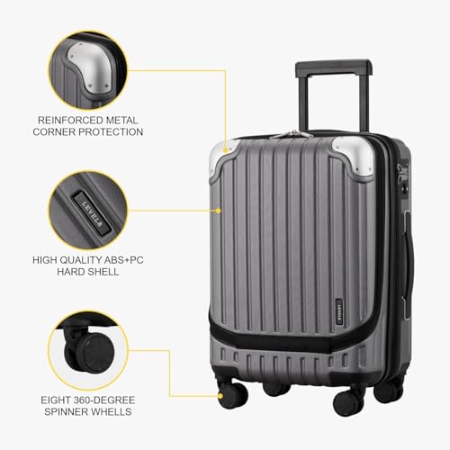 LEVEL8 Grace Carry on Luggage 22x14x9 Airline Approved, 20 Inch Hard Shell Suitcases with Spinner Wheels, Abs+Pc Hard Case Luggages with Tsa Lock, Travel bag for Women Men, Grey