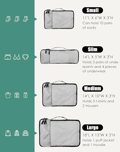 WTREE 4-Piece Packing Cubes Travel Accessories Set for Suitcases - Luggage Organizer Bags with Double Zipper - Mesh Top - Small/Medium/Large/Slim - Grey
