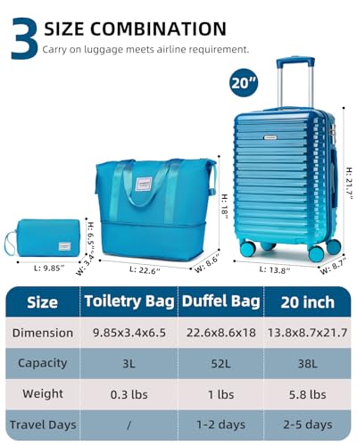 LARVENDER Carry on Luggage 22x14x9 Airline Approved, Expandable 20 Inch Hardside Suitcase with Wheels TSA Lock, PC+ABS Lightweight Carry on Suitcases for Women, Ocean Breeze (20/DB/TB)