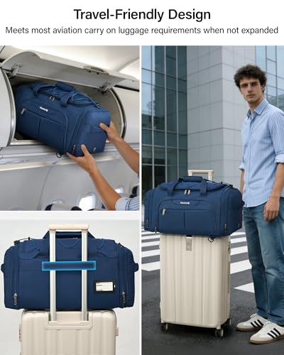 Hanke Expandable Carry On Luggage Bag,3 in 1 Duffle Bag for Travel,45L-55L Weekender Overnight Bag with 15.6" Compartment for Women & Men (Blue)