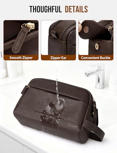 Celvetch PU Leather Toiletry Bag for Men - Water Resistant Travel Bag for Toiletries, Bathroom Essentials, Accessories - Dark Brown