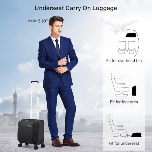 Hanke 16 Inch Underseat Carry On Luggage with Wheels Small Suitcase Softside Luggage Bags, 17.5 Foldable Lightweight Personal Item Travel Bags for Women Men（Black）