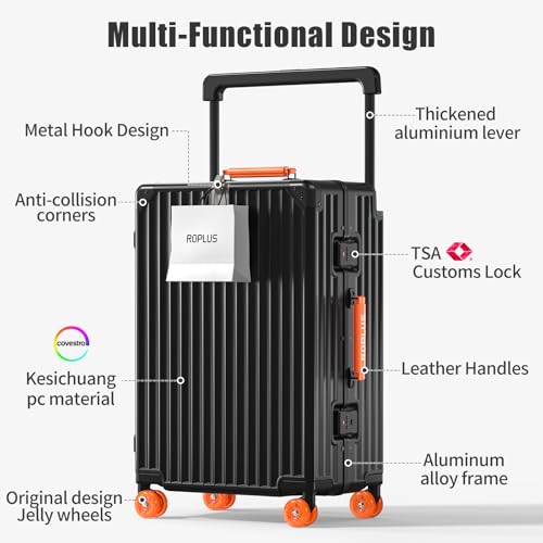 ROPLUS Aluminium Frame Carry on Luggage with Smooth Jelly Wheels, Hardside Zipperless Rolling Suitcase with TSA Lock (BlackOrange, 21-Inch)