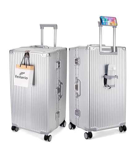 feilario 30in Super Large Captain Aluminum Frame Hardside Spinner Wheels Luggage, Removable Wheels Zipperless Checked Suitcase with Cup Holder/Phone Holder (Silver,30in)