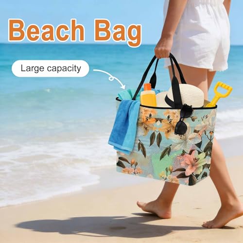 Watercolor Flower Mesh Beach Bag, Lily Seasonal Botanical Blooms Summer Large Tote Bag for Swim Pool Beach Travel