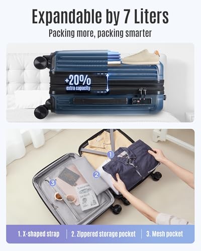LIGHT FLIGHT Carry On Luggage 22x14x9 Airline Approved, Durable Hard Shell Carry On Suitcases with Wheels, Expandable Hardside Lightweight Travel Luggage with TSA Lock, Royal Blue