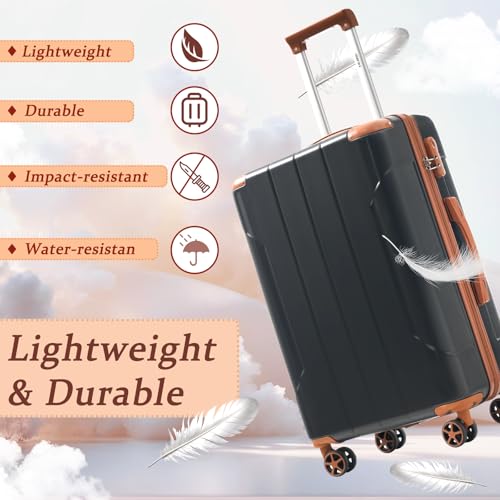Merax Luggage Sets 3 Piece Hardshell 8 Spinner Wheels Lightweight Suitcase Corner Guards Travel Luggage (Black brown 20IN 24IN 28IN)