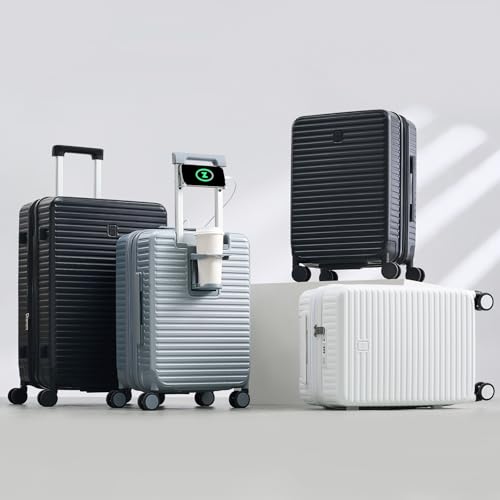 HanTrip Hard Shell Suitcases Expandable Travel Luggage Sets 3 Piece, Carry on and Check in 3 Piece Luggage Suitcase Sets with Spinner Wheels Cup Holder Charger Built in (White, 20/24/28)