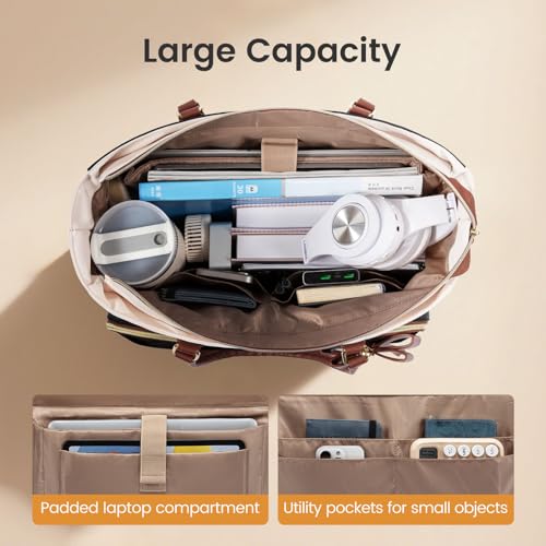 LOVEVOOK Tote Bag for Women, Work Bags Laptop Bag with Large Cup Holder, Quilted Nurse Bag Diaper Tote with Multi-Pockets, Large Computer Handbag Purse for Bussiness Travel, 15.6 Inch