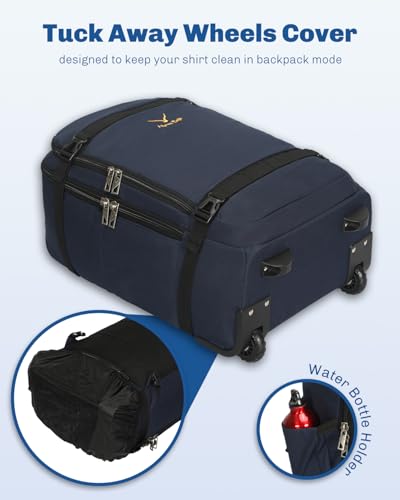Hynes Eagle 42L Rolling Backpack Wheeled Backpack Flight Approved Travel Backpack Carry on Luggage Dark Blue with Compression Packing Cubes Set 4PCS Light Pink