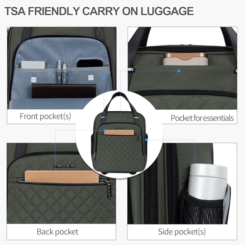 EMPSIGN Underseat Carry On Wheeled - 16" Carry on Bag with Wheels Multi-functional Lightweight Rolling Bag Overnight Weekender Small Suitcase for Women Men Travel Business, Army Green