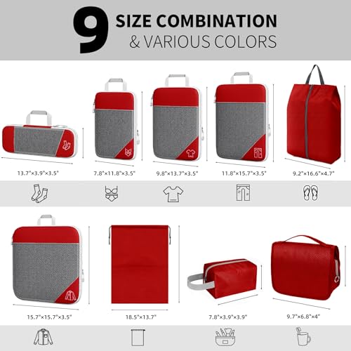 BTBAG 9-Set Packing Cubes with Hanging Bag | 9-Size Combination, Mesh Fabric & Reflective Stripe | Travel Luggage Organizers (Red)