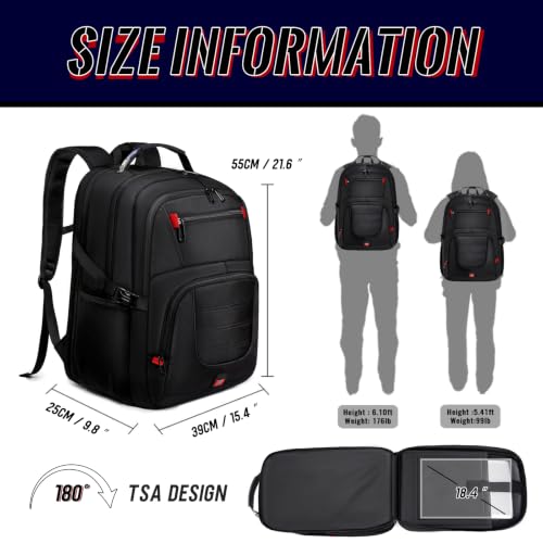 JARWAM 18.4-19 Inch Extra Large Gaming Laptop Backpack with LifetimeWarranty, 55L Airline Approved TSA Friendly Carry On Work Travel Computer Bag for Men & Women, Black