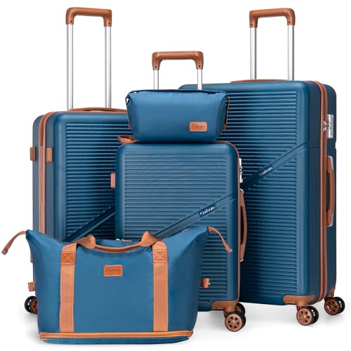 Cosbarn 5 Piece Luggage Sets with Spinner Wheels, Hardshell ABS Suitcase Set with Tsa Lock, Lightweight Hardside Waterproof Travel Suitcases for Men Women, Navy (20"/24"/28")