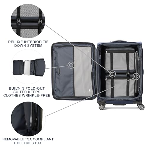 Travelpro Platinum Elite Softside Expandable Checked Luggage, 8 Wheel Spinner Suitcase, TSA Lock, Men and Women, Dark Blue, Checked Medium 25-Inch