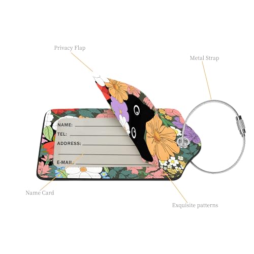 2 Pcs Luggage Tags for Suitcases, PU Leather Cruise Ship Luggage Tags with Privacy Cover Label Address Card and Durable Metal Ring Suitable for Men Women Handbags Backpacks,Flower Bushes and Cats