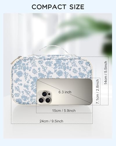 Relavel Travel Makeup Bag, Small Floral Cosmetic Bag with Makeup Brush Compartment, Portable Makeup Pouch for Women, Double Layer Makeup Organizer Bag Cute Toiletry Bag