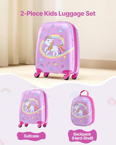 VEVOR Kids Luggage Set, 2 Piece, 18 Inch Hardside Rolling Wheels Suitcase with Hard-Shell Backpack, Unicorn Kids Carry on Luggage Set, Holiday Birthday Gift for Girls & Boys, Airline Approved