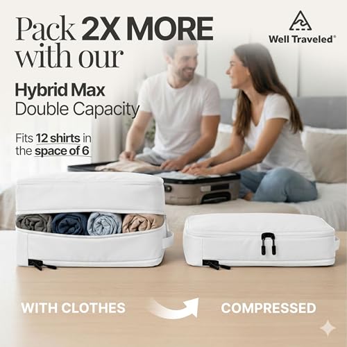 Well Traveled 8 pcs Compression Packing Bags Cubes Set with HybridMax Double-Capacity Design - Packing Cubes for Travel Compression to Maximize Limited Luggage Space, White