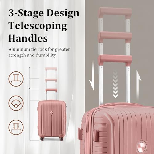 Joyway Luggage Sets 5 Piece PP Hardshell Carry on Suitcase, Travel Lightweight Carry-on with Double Spinner Wheels and TSA Lock, Rose Gold