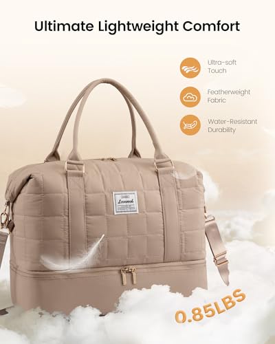 LOVEVOOK Travel Duffel Bag - Versatile Weekender Bag for Women, Puffer Carry On & Overnight Bag for Short Trips, Coffee Brown