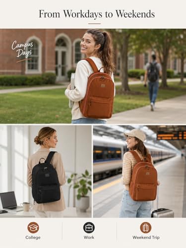 Hanke Expandable Laptop Backpack for Women and Men, 24L-30L Travel Backpack, 15.6 Inch College Laptop Bookbag for Work, Water Resistant Carry On Personal Item Bag, Caramel