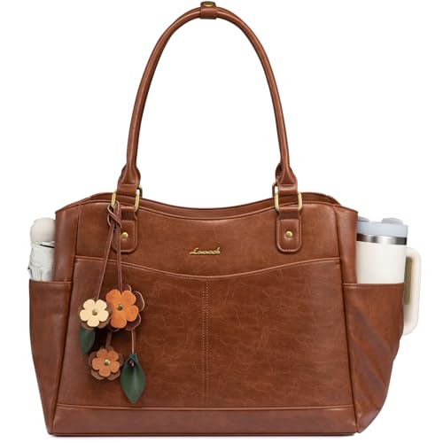 LOVEVOOK Laptop Bag for Women, 15.6inch Original Vintage Work Tote Bag Computer Office Teacher Bag with Large Cup Holder, Brown