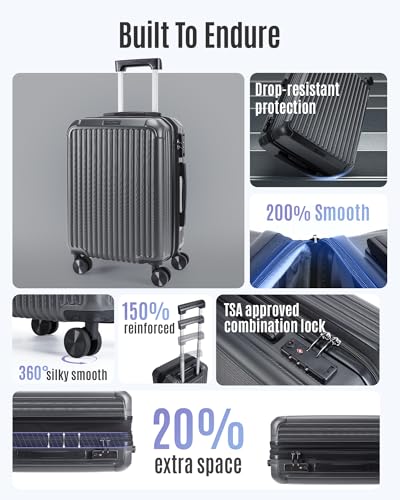 LIGHT FLIGHT Carry On Luggage 22x14x9 Airline Approved, Durable Hard Shell Carry On Suitcases with Wheels, Expandable Hardside Lightweight Travel Luggage with TSA Lock 20 Inch Carry on, Glacier Gray