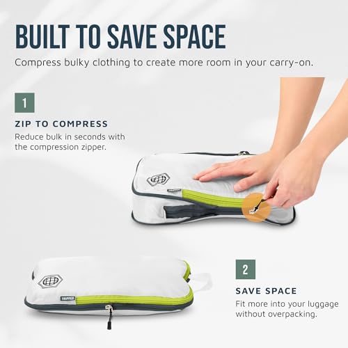 Compression Packing Cubes for Travel, 6-Piece Lightweight Packing Cubes Set for Carry-On Luggage & Backpacks – TRIPPED Travel Gear (White and Green)
