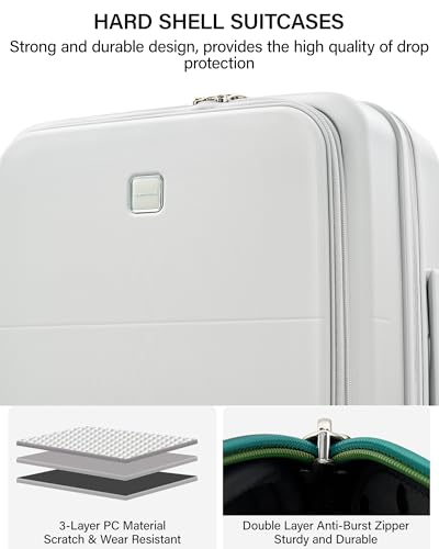 Hanke 20 Inch Expandable Carry On Luggage with Cup Holder 22x14x9 Airline Approved, Top Opening Hard Shell Suitcases with Wheels, Carry-On Travel Suitcase Trunk Luggage with Lock, Smoke White