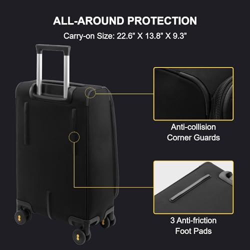 LEVEL8 Carry On Luggage Airline Approved with Compartment, Softside Expandable Rolling Suitcase with Spinner Wheels, Black, Carry-On 20-Inch