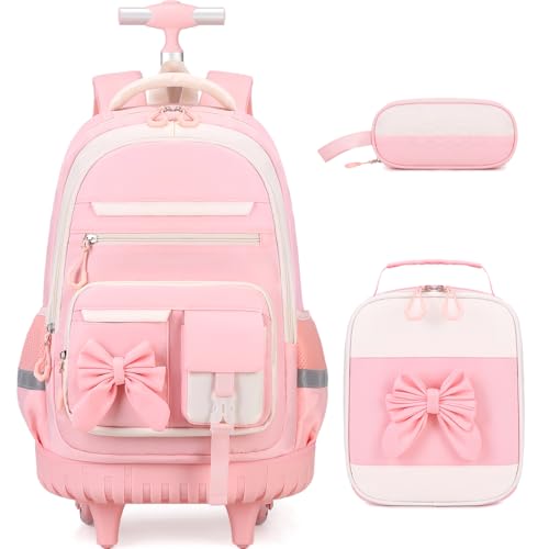 DIGOBAY Rolling Backpack for Girls, Cute Roller School Bag with Wheels, Kids Wheeled Backpacks Set with Lunch Bag Pencil Case for Teen Girls Kindergarten Elementary Middle School