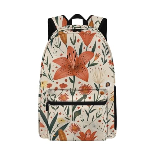 Warmkitty Pastoral Lily Blooms Print Vibrant Flower Design Kids Backpack with Side Pocket School Bookbag for Students Boys Girls