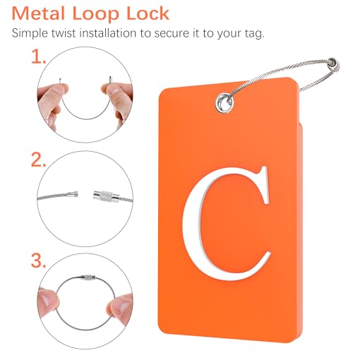 Gostwo 2 Pack Luggage Tags for Suitcases, 26 Initial Letter Travel Luggage Baggage Identification Labels ID Tag Fully Bendable Tags with Stainless Steel Loop (Orange) (Letter C)