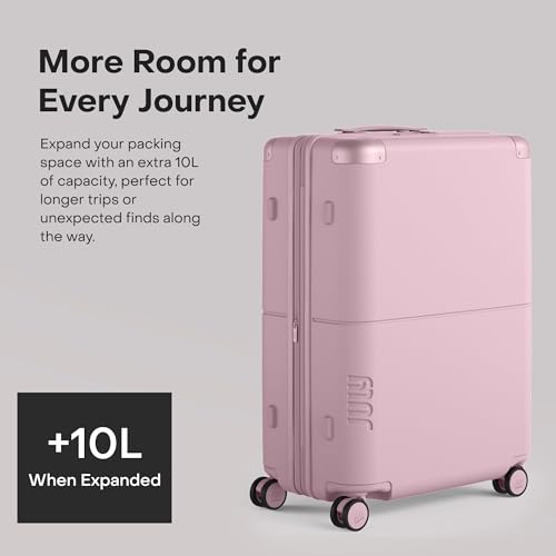 July Checked Expandable - 24.5" Airline Approved Check In Luggage with Wheels, Spinner Suitcase for Men & Women - TSA Lock Rolling Suitcase, Spinner Wheels, Expansion Zip, Y-Strap - Blush Pink