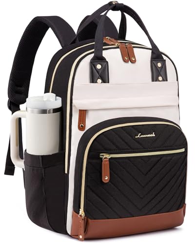LOVEVOOK Laptop Backpack Women with Giant Tumbler Holder,15.6 inch Waterproof Work Travel Backpack Computer Laptop Bag,Cute College Nurse Teacher Backpack Purse,Gifts for Women & Men,Beige-Black-Brown